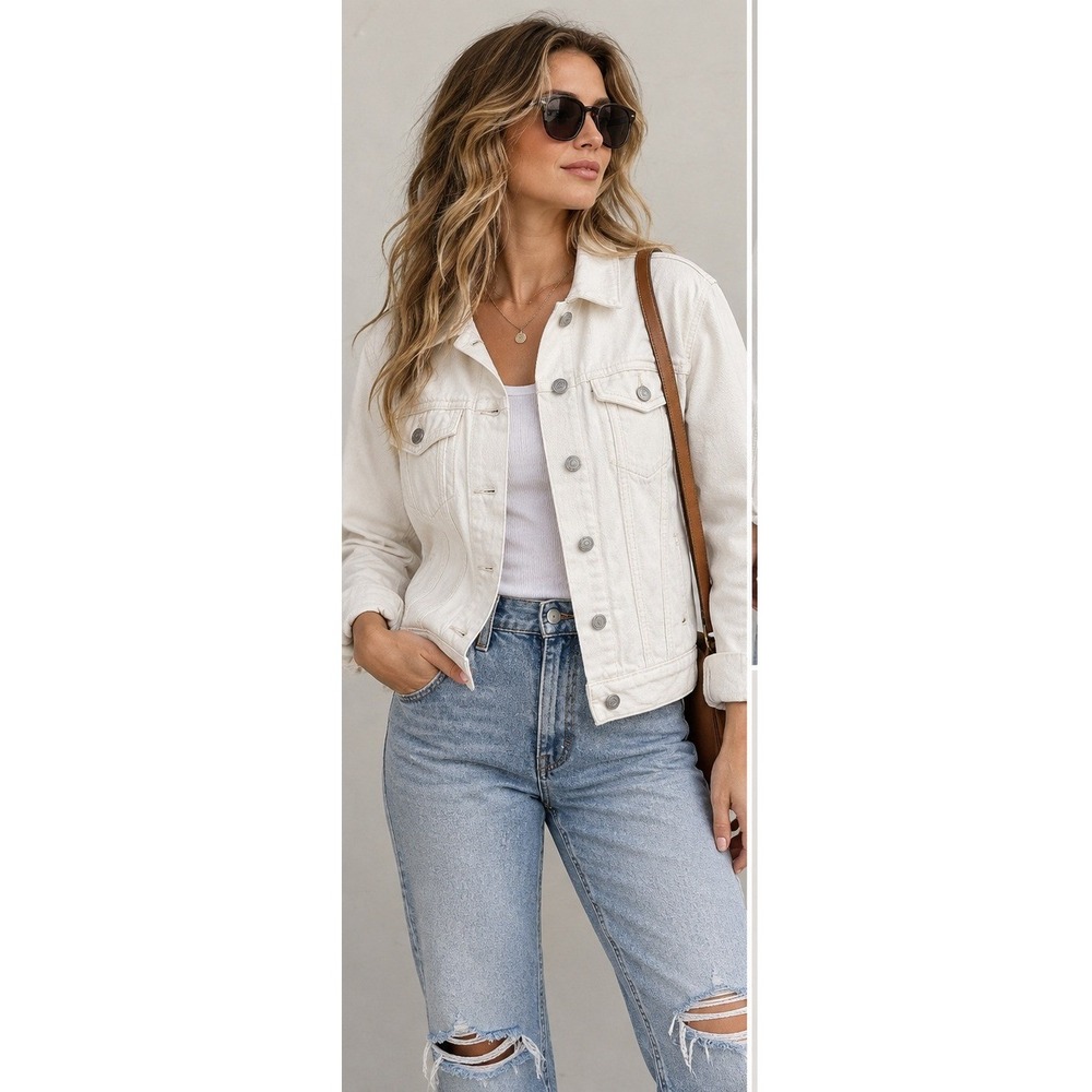 Old Navy Denim Jacket Womens S Clean Girl Minimalist White Trucker Jean Jacket